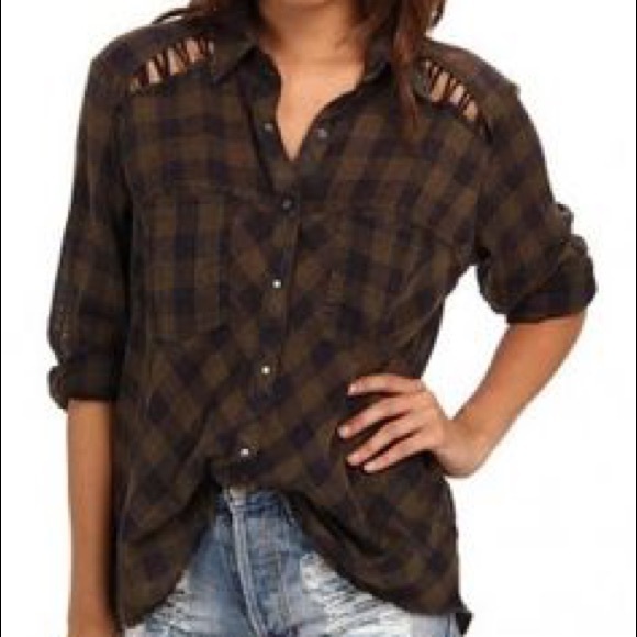 Free People Tops - Free People Gauzy Green Plaid Cut Out Button Down